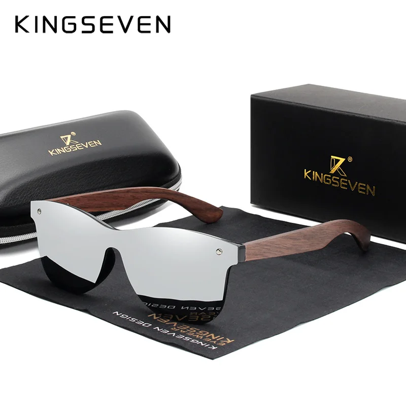 Silver walnut wood KINGSEVEN, роскошные солнцезащитные очки из орехового дерева, поляризационные, деревянные, брендовые, дизайнерские, без оправы, зеркальные, квадратные, солнцезащитные очки для женщин/мужчин - Цвет линз: Silver walnut wood