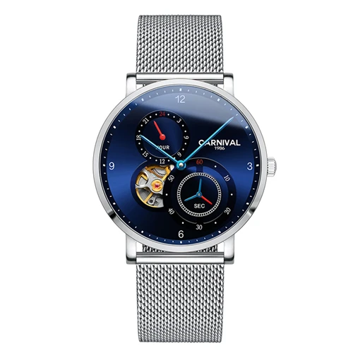 Blue silver C8026 Карнавал ультратонкие tourbillon для мужчин часы лучший бренд эксклюзивные механические часы Полный сталь relogio Мужской коль saati - Цвет: Blue silver C8026