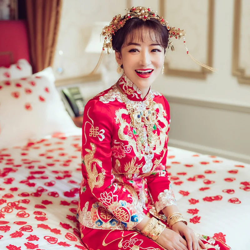 Модные современные китайские свадебные платья Qipao Китайские Восточные платья красные атласные Cheongsam для невесты длинные традиционные женские винтажные