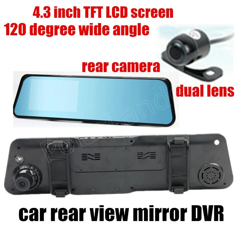 

front 120 degree and back 170 degree wide angle 4.3 inch TFT screen waterproof Car rearview mirror DVR video recorder dual lens