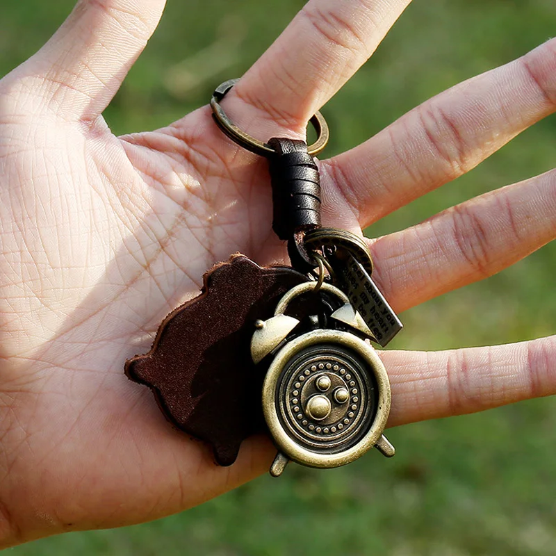 antique bronze plated alarm clock keychain keyring real leather key holder for women bag charm pendant hanger ring birthday gift | Украшения