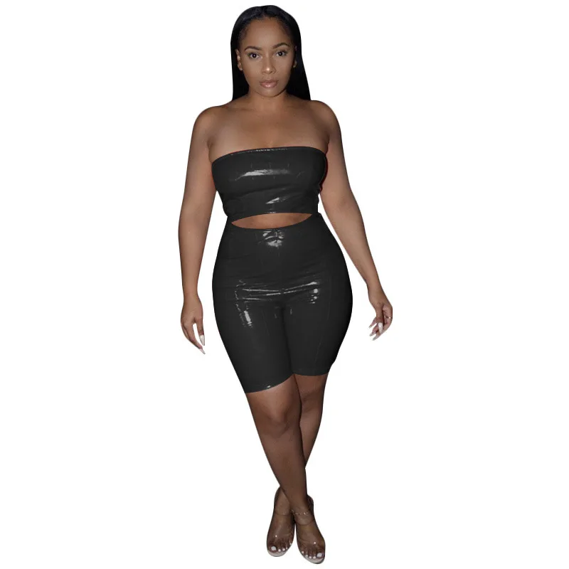 Кожаный сексуальный комбинезон женский из двух частей укороченный топ без