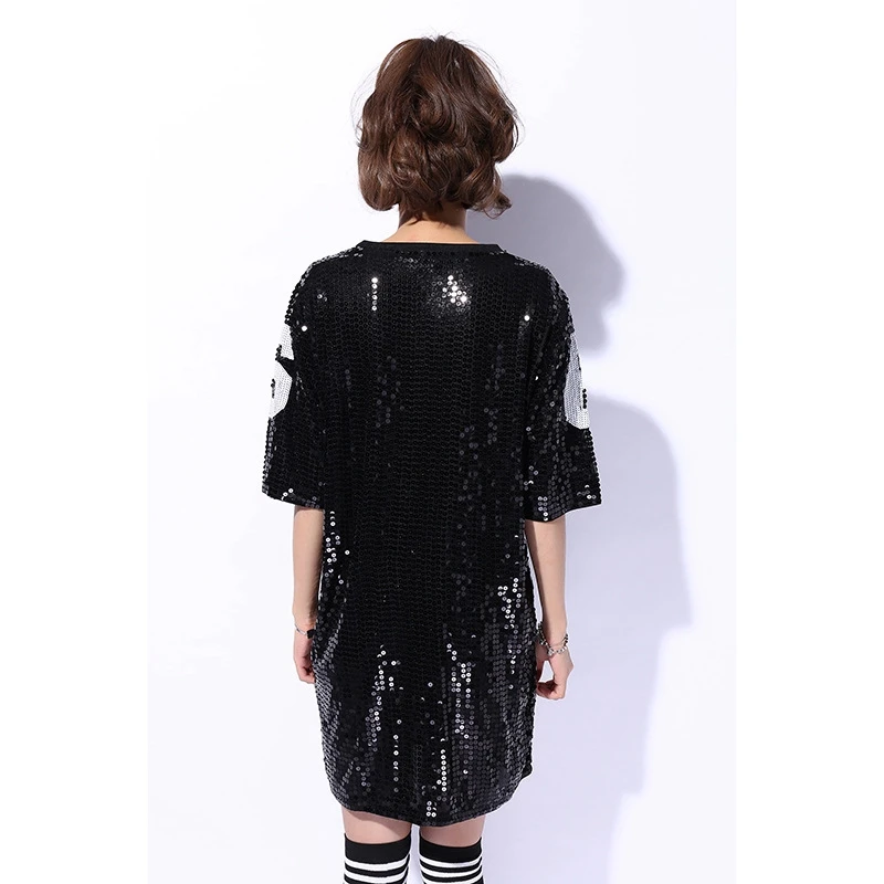Sequin T Shirt casual Loose Sequins Shiny Fashion Women Sequin Clothes Hip Hop Club Party friends Long T Shirt Dress Half Sleeve