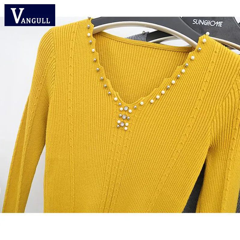 

Vangull 2019 Spring Autumn New Women Sweater Beading V-neck Knitted Tops Solid Slim Elasticity Knit Pullover Sweaters Female