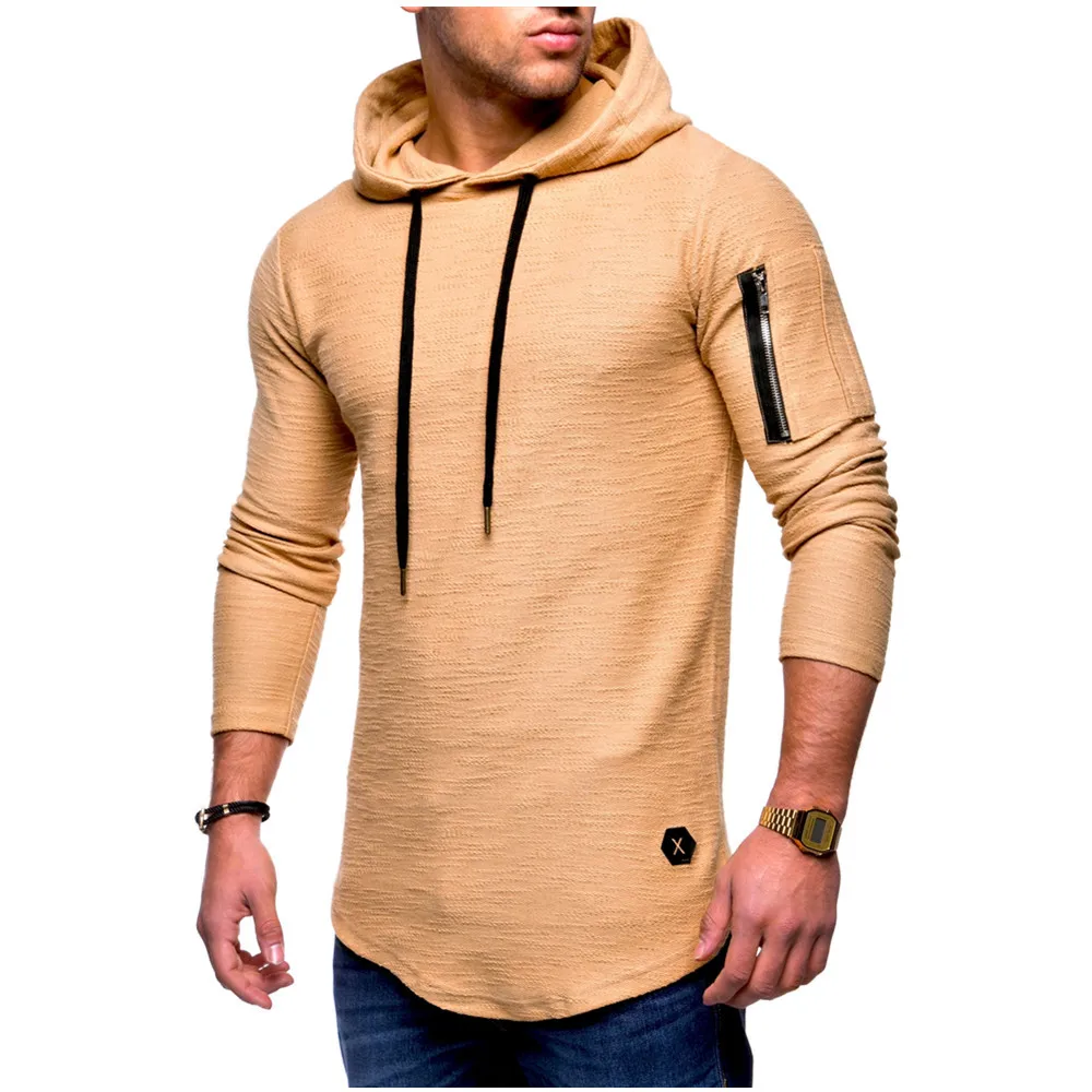 

2021 Fashion Bodybuliding Men Casual Skinny Hooded T Shirt Long Sleeve Solid Color Zipper Hip Hop Tshirt with Phone Pocket