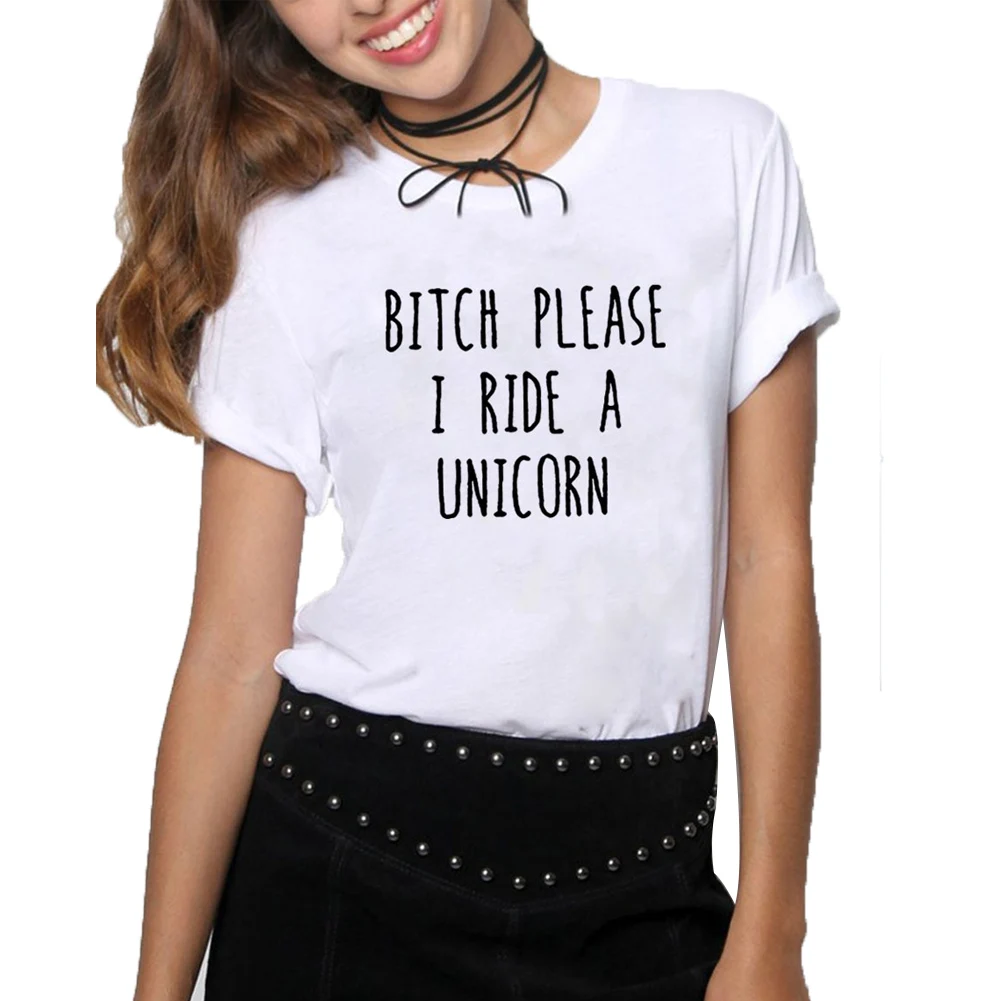 Забавная женская футболка B1tch с единорогом летняя хлопковая Футболка круглым