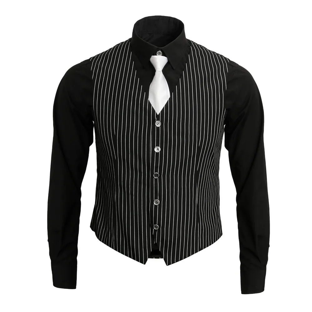 

Men's Gangster Shirt Vest Tie Costume V Neck Waistcoat Men 2018 Spring New Vertical Striped Suit Vest Slim Fit Wedding Business