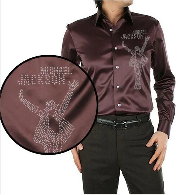 Men Shirt Fashion Rhinestone Silk Satin Mens Long Sleeve Camisa Hombre Couples Wedding Dress | Мужская одежда