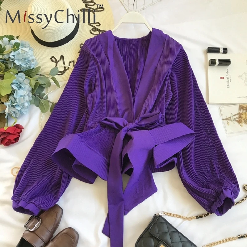 Фиолетовый MissyChilli, белая шифоновая плиссированная Сексуальная Блузка с v-образным вырезом, рубашка, женские блузки с бантом и рюшами, женские летние повседневные топы с рукавом-фонариком - Цвет: Фиолетовый