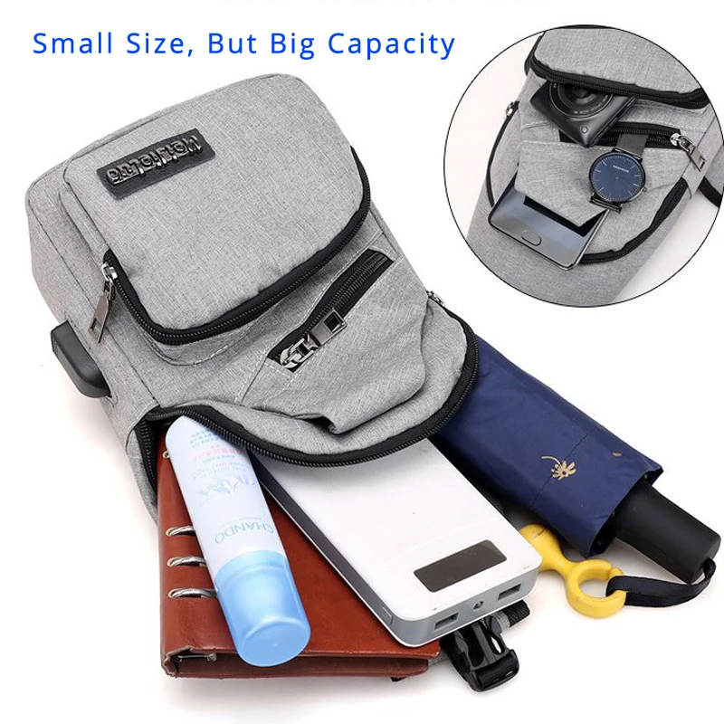 Women Gray Black Chest Bags USB Charging Male Boys Oxford Travel Single Strap Casual Crossbody Office Messenger Bag Pack 372