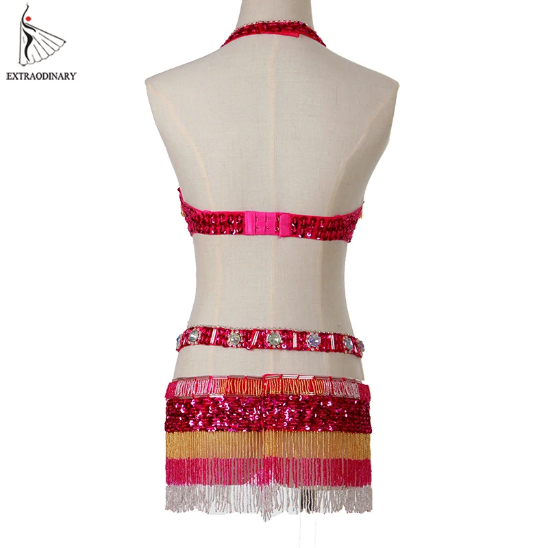 Oriental Women Belly Dance Costumes Set Bra Belt Tassel Beaded Sequined Outfit Clothes Eastern Style Top And Hip Scarf 2pcs |