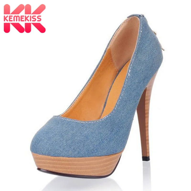 KemeKiss Women High Heels Shoes Fashion Denim Round Toe Platform New Spring For Sexy Dance Party Pumps Size 34-43 | Обувь