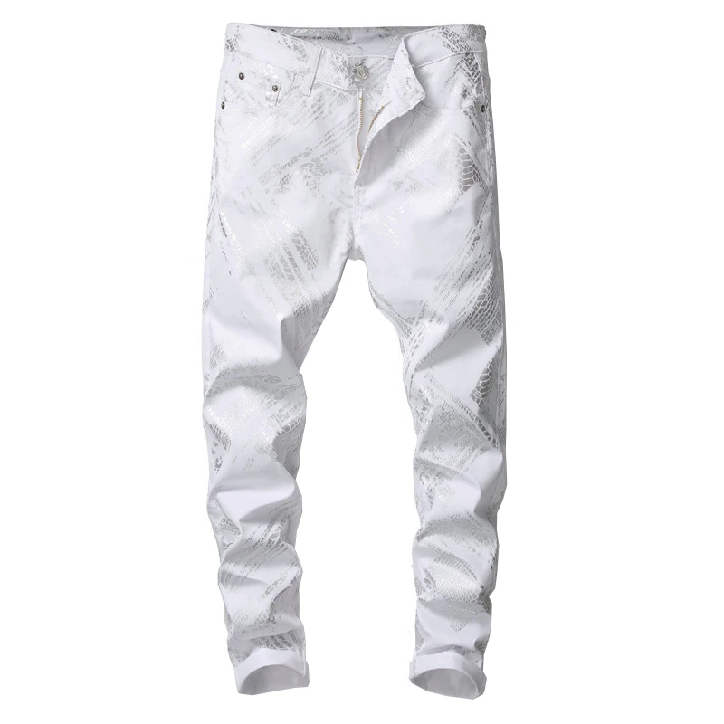 

Sokotoo Men's Y2K silver snake skin printed white jeans Fashion slim fit stretch denim pants