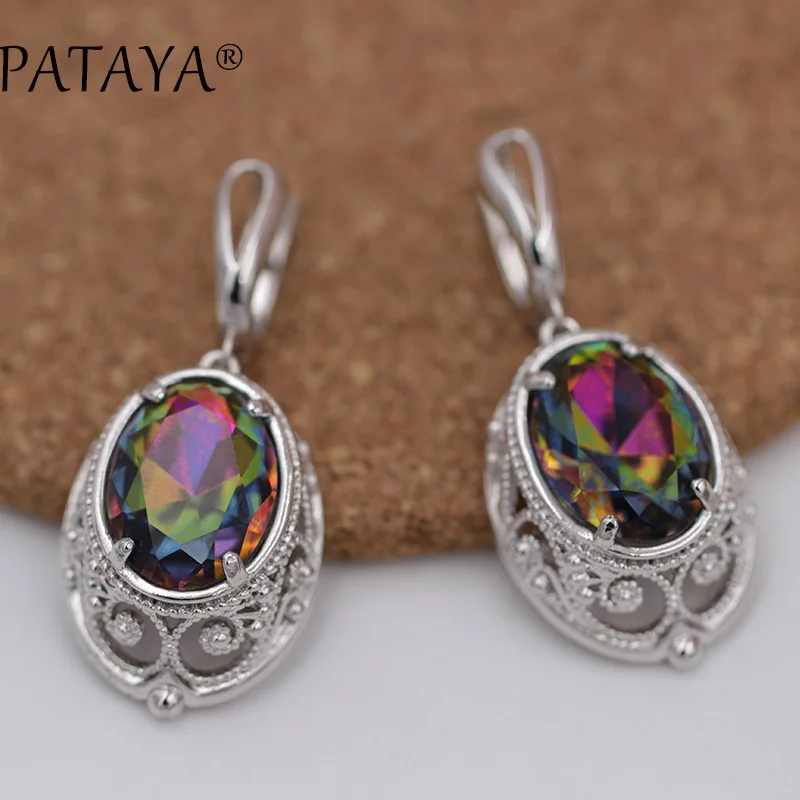 PATAYA, эксклюзивные сережки из настоящего белого золота, разноцветные Круглые висячие серьги из натурального циркония, женские вечерние ювелирные изделия