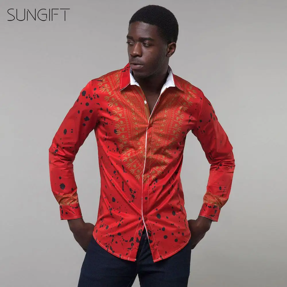 SUNGIFT Африканский Мужской Топ с длинным рукавом Дашики этнический принт топ на