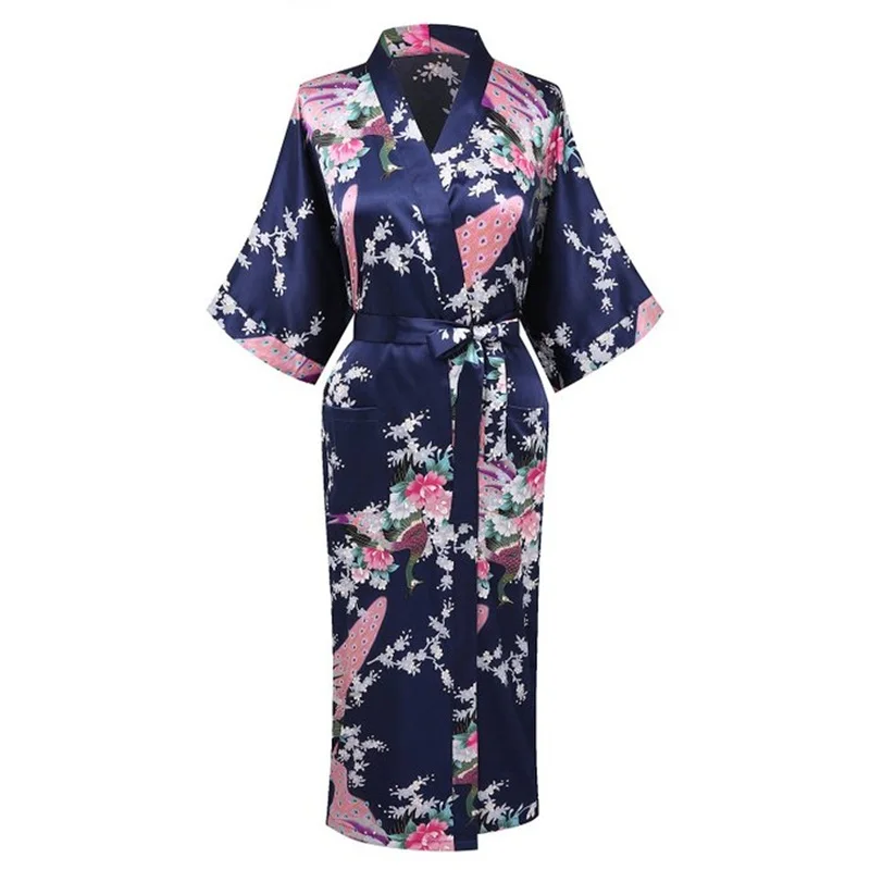 navy blue Белый новейший женский кимоно халат невесты Свадебный халат Ночное белье, шелк, сатин юката размера плюс S-XXXL - Цвет: navy blue