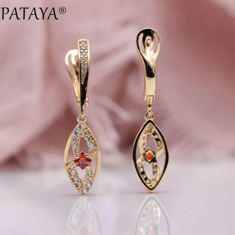 PATAYA, новинка, для женщин, для свадьбы, вечеринки, хорошее ювелирное изделие, 585, розовое золото, микро-воск, инкрустация гранатом, красный, натуральный циркон, длинные висячие серьги