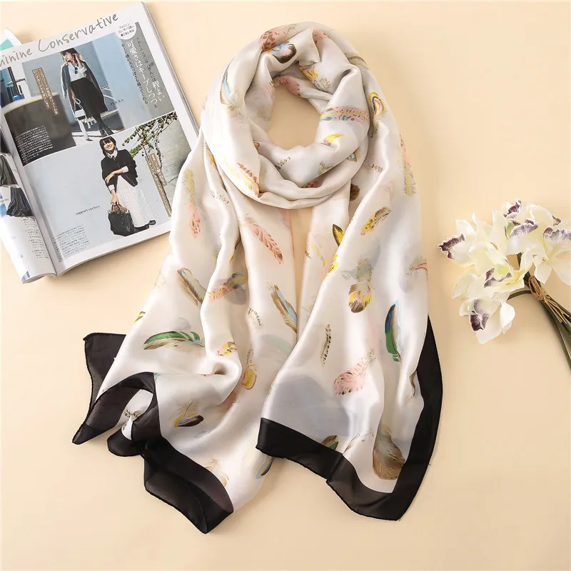 Шелковые шарфы с принтом из перьев шали женские дорожные пашмини большой размер