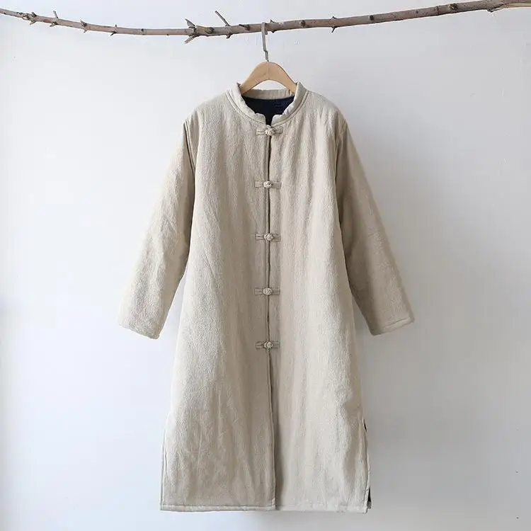 2018 women Winter long outwear chinese style vintage Coat thicken stand collar plate button cotton-padded jackets linen overcoat | Женская