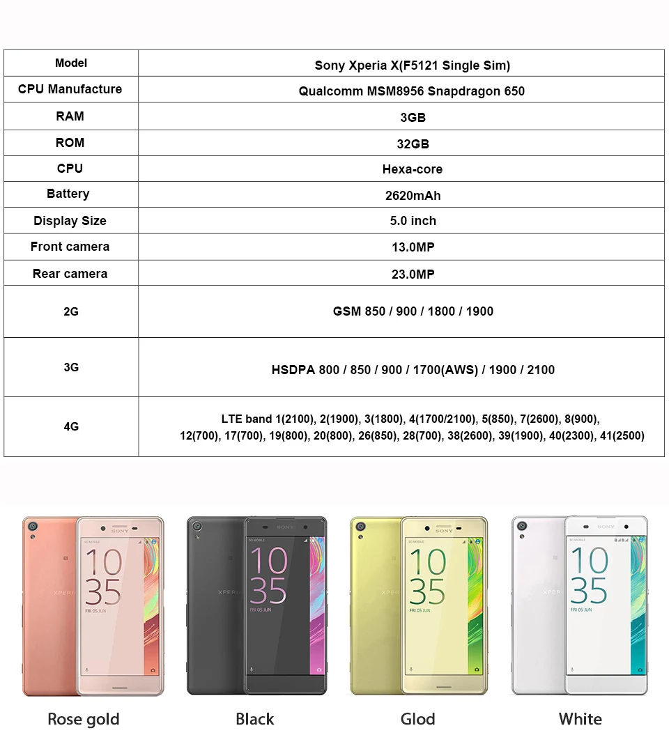 sony Xperia X F5121 3 ГБ ОЗУ 32 Гб ПЗУ 5,0 дюймов Android шестиядерный камера одна Sim Восстановленный мобильный телефон