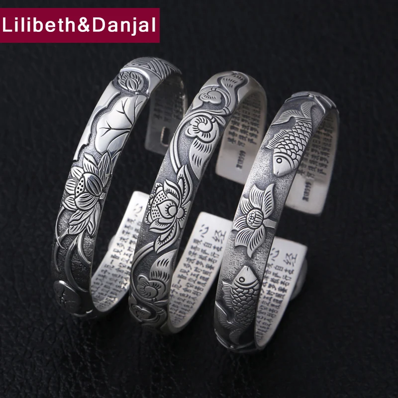 

2019 Ethnic Adjustable Bangle 100% S999 sterling silver jewelry Women Lotus Mantra inspirational goldfish Bracelet Bangle B51