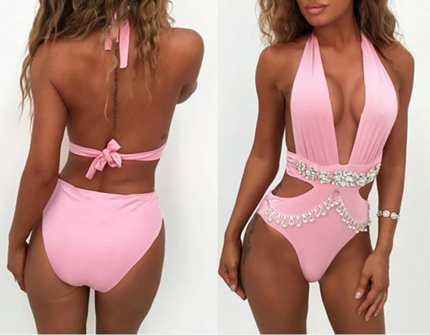 Женский Цельный купальник с v образным вырезом Алмазный Бандаж бикини пуш ап