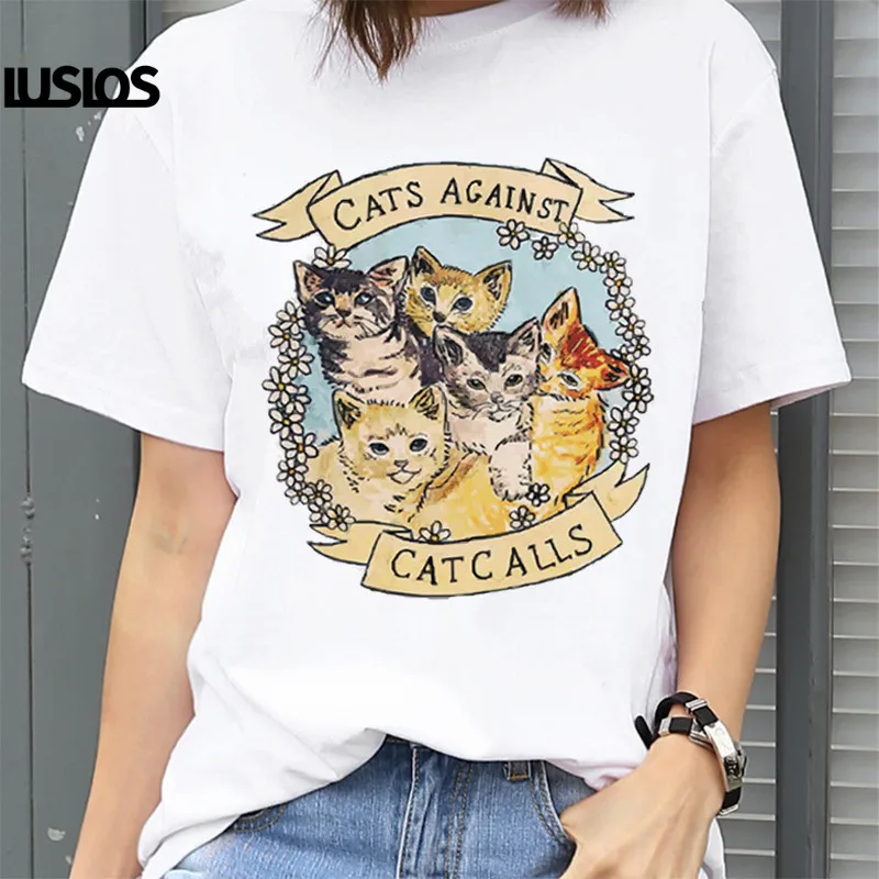Женская футболка с коротким рукавом принтом кошки | одежда