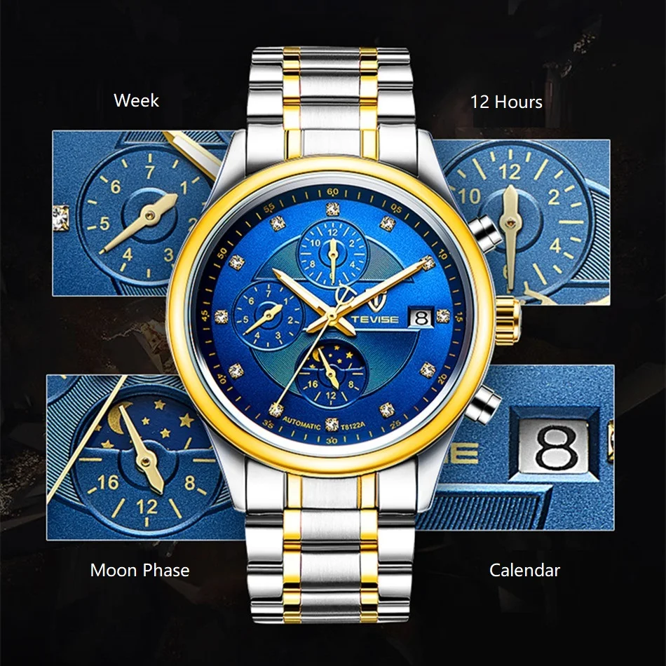 Марка TEVISE Для мужчин часы Moon Phase автоматические часы механические часы Для мужчин модные Повседневное Нержавеющая сталь наручные часы relogio
