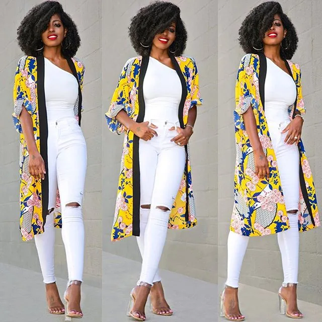 Цвет: желтый Индийское платье сари продукт как пирожные Европейская и американская мода 7 минут рукава Hd печатных кардиган пальто - Цвет: Цвет: желтый