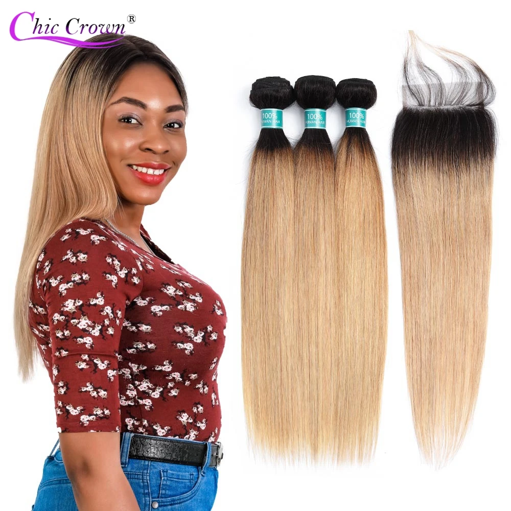 

Brazilian Hair Weave Bundles With Closure Chic Crown Cheap Ombre T1b/27 Straight Bundles Remy Human Hair 3 Bundles With Closure
