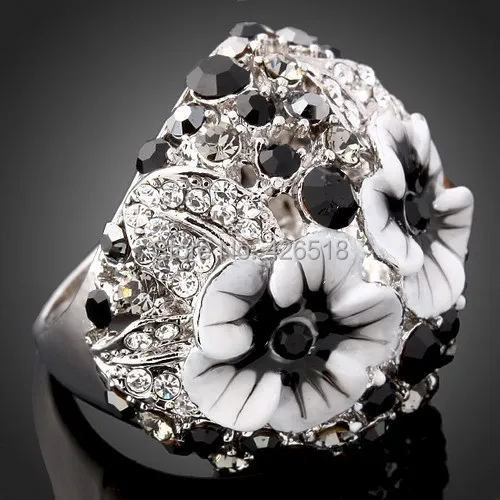 Кольца с черной эмалью и цветами модное кольцо из настоящего белого серебра