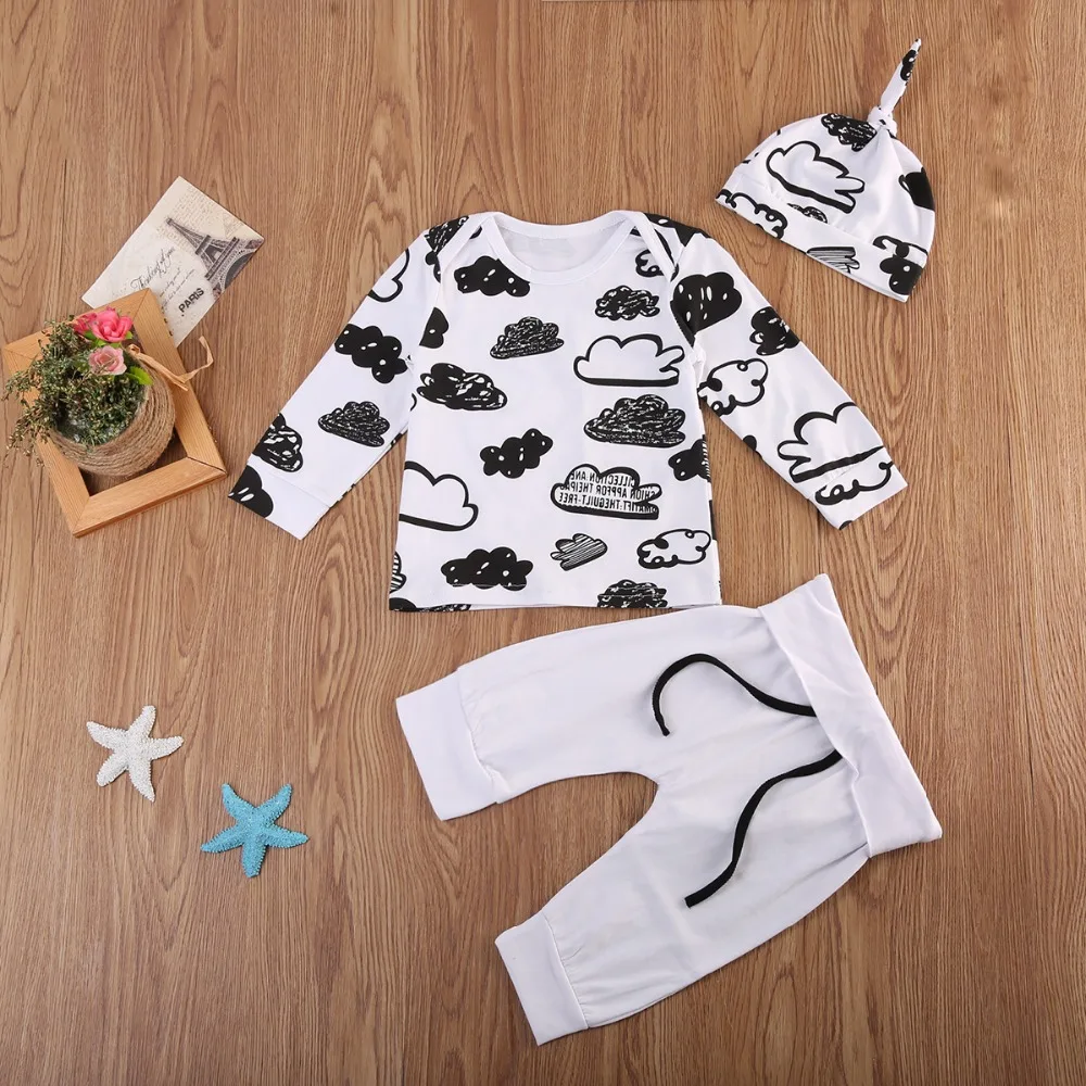 Autumn 2019 Newborn Baby Girl Boy Clothes Set Cotton Clothing cloud Long Sleeved T-shirt+Pants+hat clothes 3Pcs outfit | Детская одежда