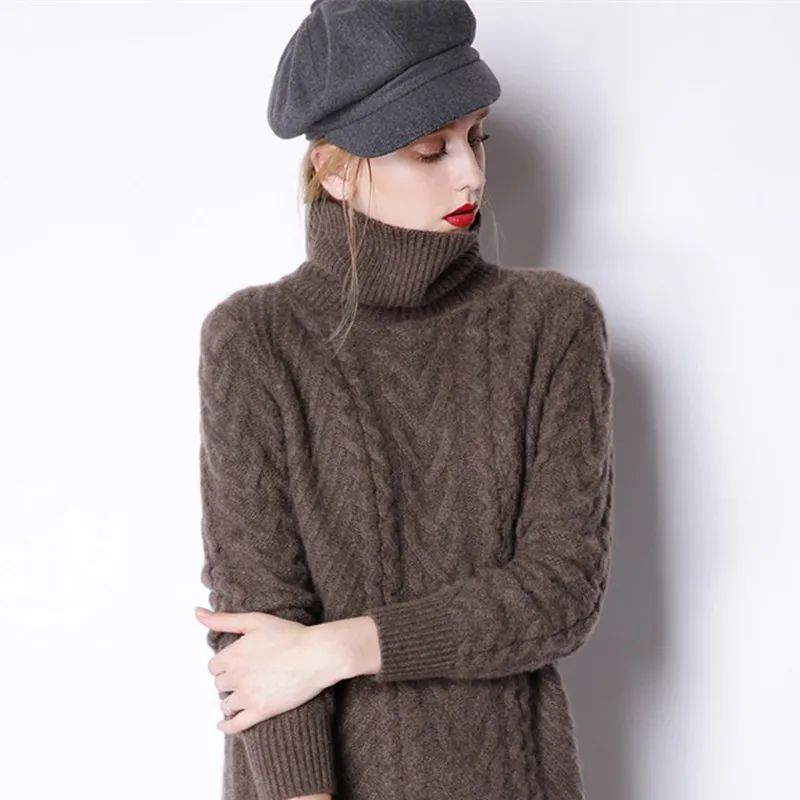 

BARESKIY Cashmere sweater women's new high-necked cashmere sweater long wool knit bottoming shirt loose solid color wild sweater