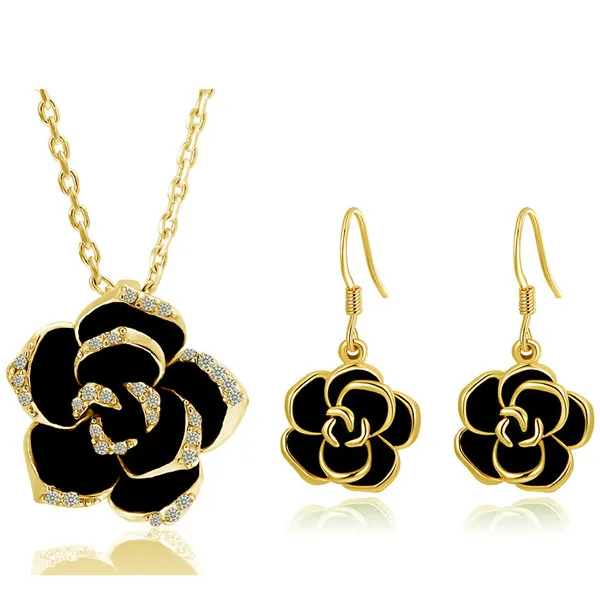 yellow gold black 2 Брендовый дизайн камелии, кулон, Модный женский золотой цвет, черный Рисунок, роза, цветок, ожерелье, серьги, кольцо, ювелирные наборы 82606 - Окраска металла: yellow gold black 2