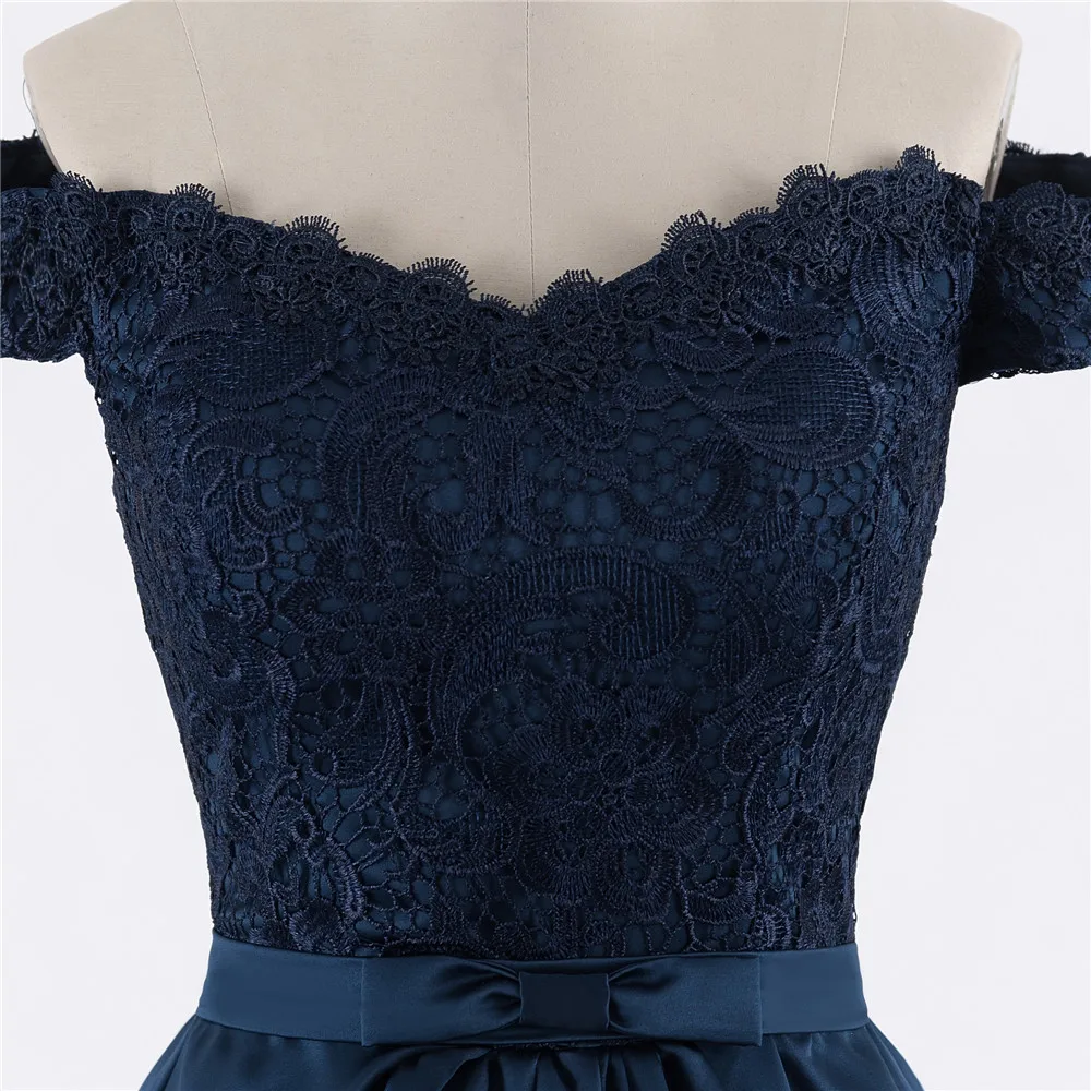 

Navy Blue Prom Dresses A-line V-neck Cap Sleeves Tea Length Satin Lace Elegant Prom Gown Evening Dresses Robe De Soiree