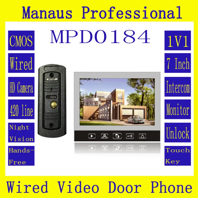 

7'' color display Touch keypad screen support to 32G SD Card,1V1 Handfree Video intercom door bell Camera with 6 IR lamps D184b