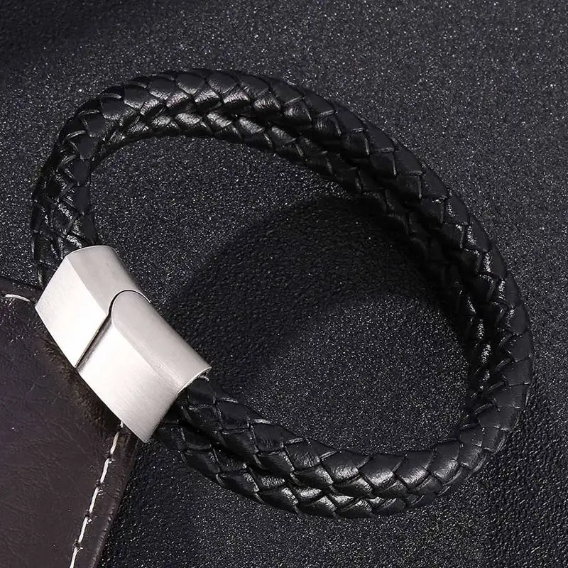 Fashion Punk Black Braided Leather Bracelet Men Jewelry Stainless Steel Magnetic Clasp Male Wristband Bracelets Bangles SP0033 | Украшения