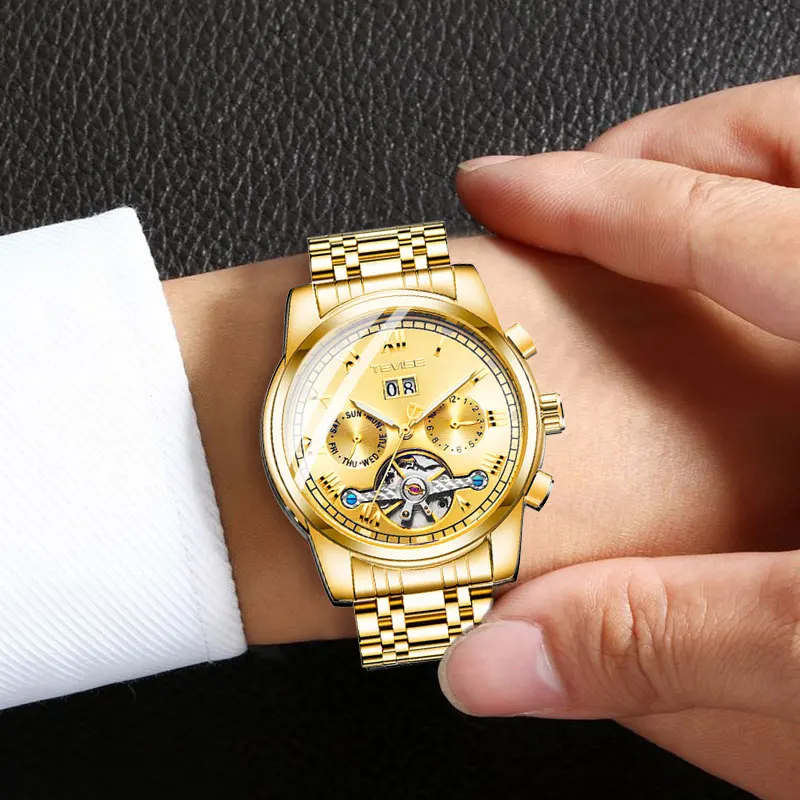 

Top Luxury Brand Tevise Men's Automatic Watch Stainless Steel Tourbillon Moon Phase Mechanical Casual Men's Watch Relogio