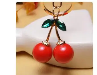 

10pcs/lot Cute Rhinestone Red Cherry Keychain Car Key Chain Ring Pendant