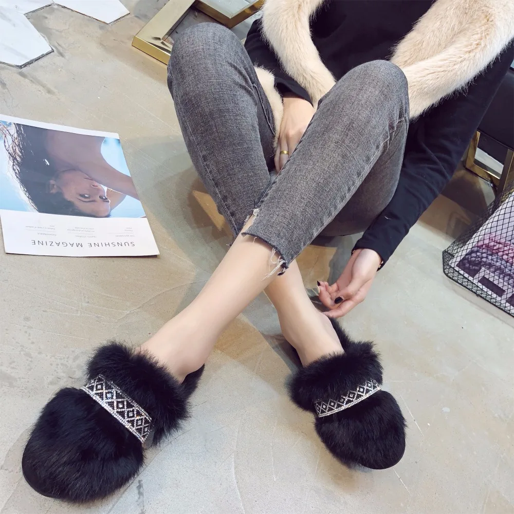 Weweya Plush Fur Home Slippers Women Indoor Shoes Crystal Flip Flops Woman Slides Mule Rhinstone Retro | Обувь