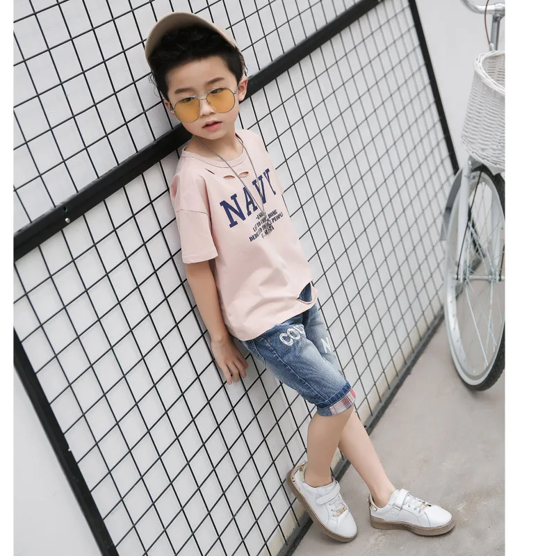 Модные рваные Дизайн детская футболка брендовые черные Хлопковая одежда для