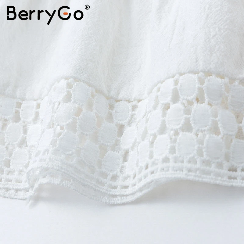 BerryGo Элегантный kороткие кружевные хлопчатобумажные платья фонарь рукавом A-Line зимнее платье Осень шикарное белое платье
