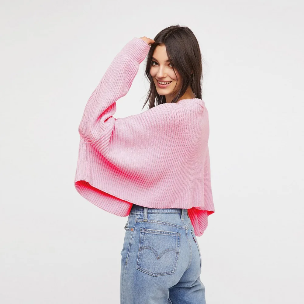 Белый розовый Теплый Свободные Леди с длинным рукавом Tricot трикотажные осень-зима
