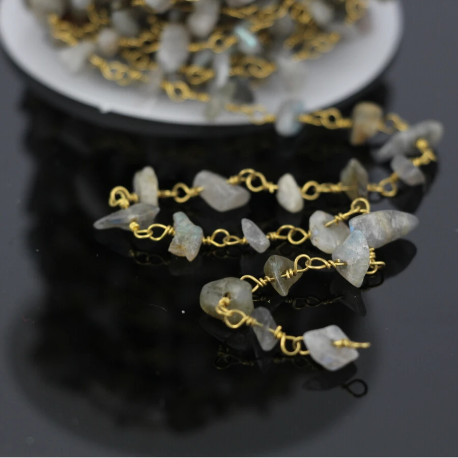 

5Meter,Wholesale DIY Brass Wire Wrapped Rosary style Chain,Natural Labradorite Chip Beads Nugget Chain Necklace Jewelry Findings