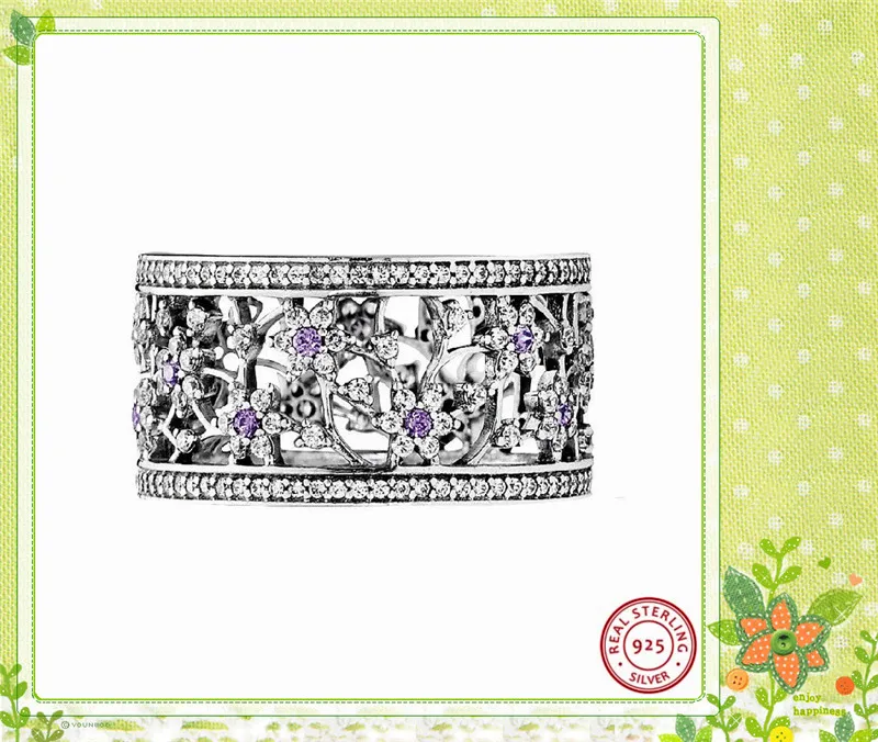 Фиолетовые и прозрачные CZ сложные Docoration Petite Forget-Me-Not цветы широкие кольца для женщин 925 пробы серебряные украшения FLR084
