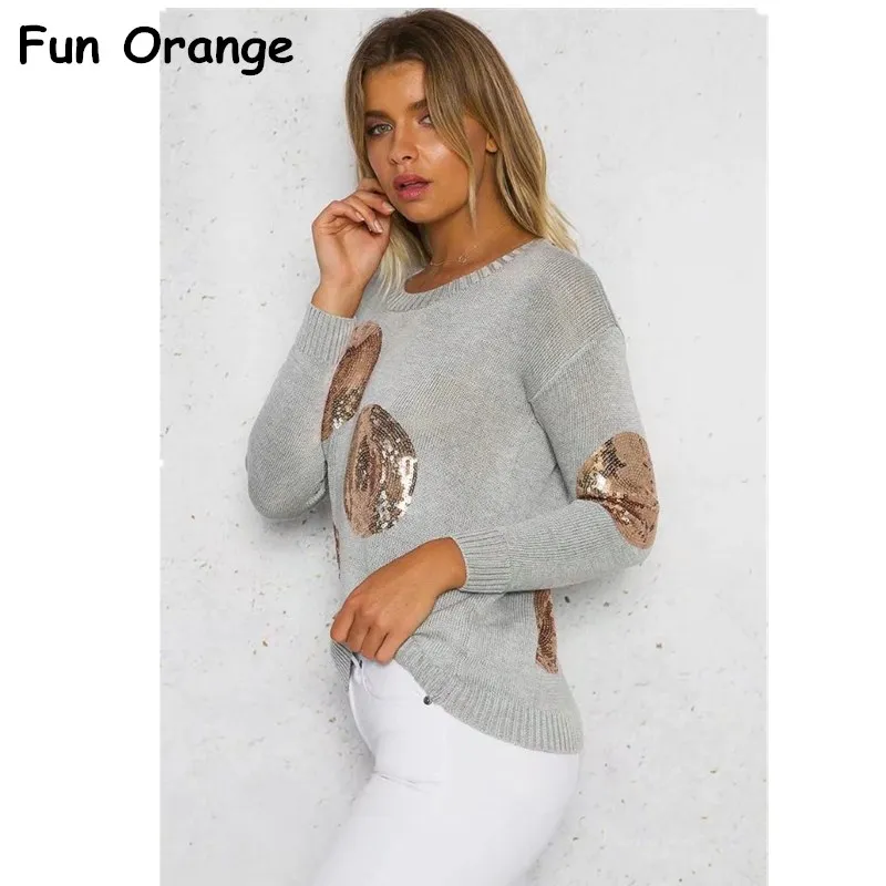 Весело оранжевый с блестками и круглым серый Вязание пуловер осень-зима 2017