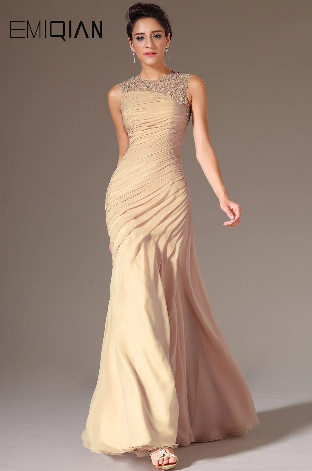 

Freeshipping O Neck Champagne Chiffon Mermaid Evening Dress