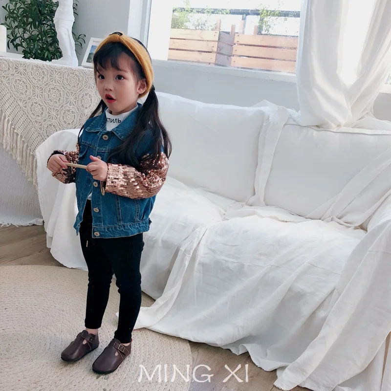 Children's clothes 2018 Autumn New Girls Jacket Denim Sequins Sleeve Short coat | Детская одежда и обувь