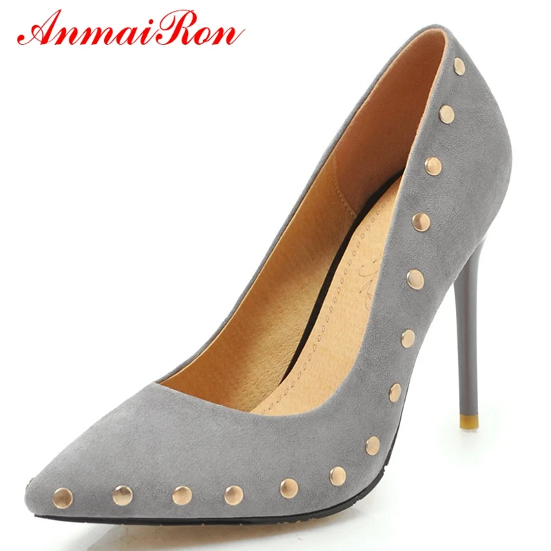 

ANMAIRON Flock Pointed Toe Basic Zapatos De Mujer Shoes Woman 2019 Fashion High Heel Pumps Big Size 34-43 LY1009