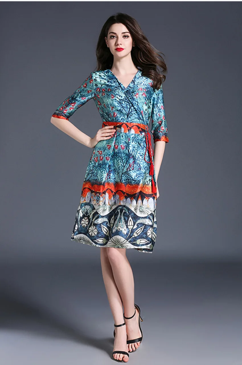 FTLZZ 2017 Summer New Crossed Lateral Frenulum V-neck Slim Dress Woman Retro Ethnic Style Floral Print A-line | Женская одежда